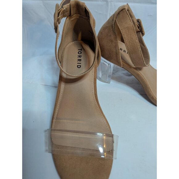 Torrid Clear Translucent Block Heels Faux Suede Sz 8.5WW Adjustable Strap - Picture 2 of 13